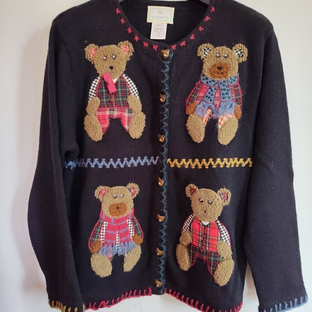 Ladies SZ PM Vintage Black Bear/Package Christmas Cardigan Sweater